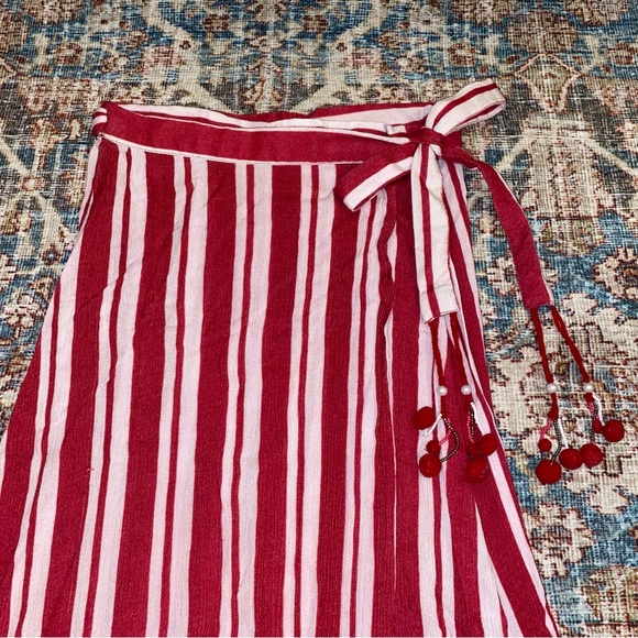 Lovers + Friends | Red/White Stripe Beach Pom Pom Ruffle Maxi Wrap Skirt - Picture 6 of 11